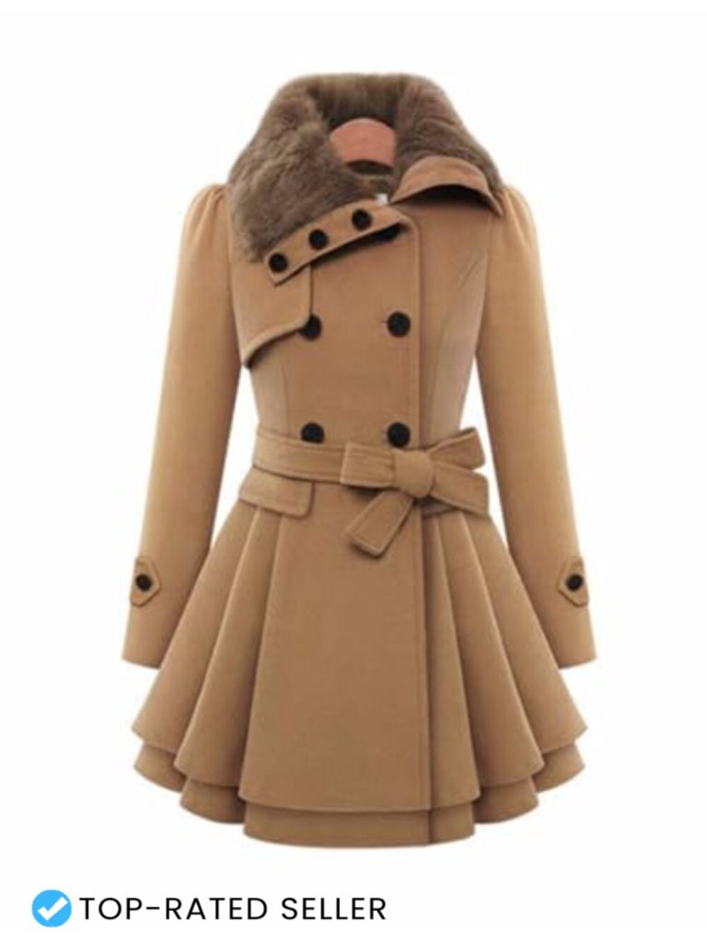xxxiticat Women Faux Fur Collar Double Breasted Flare Trench Coat
